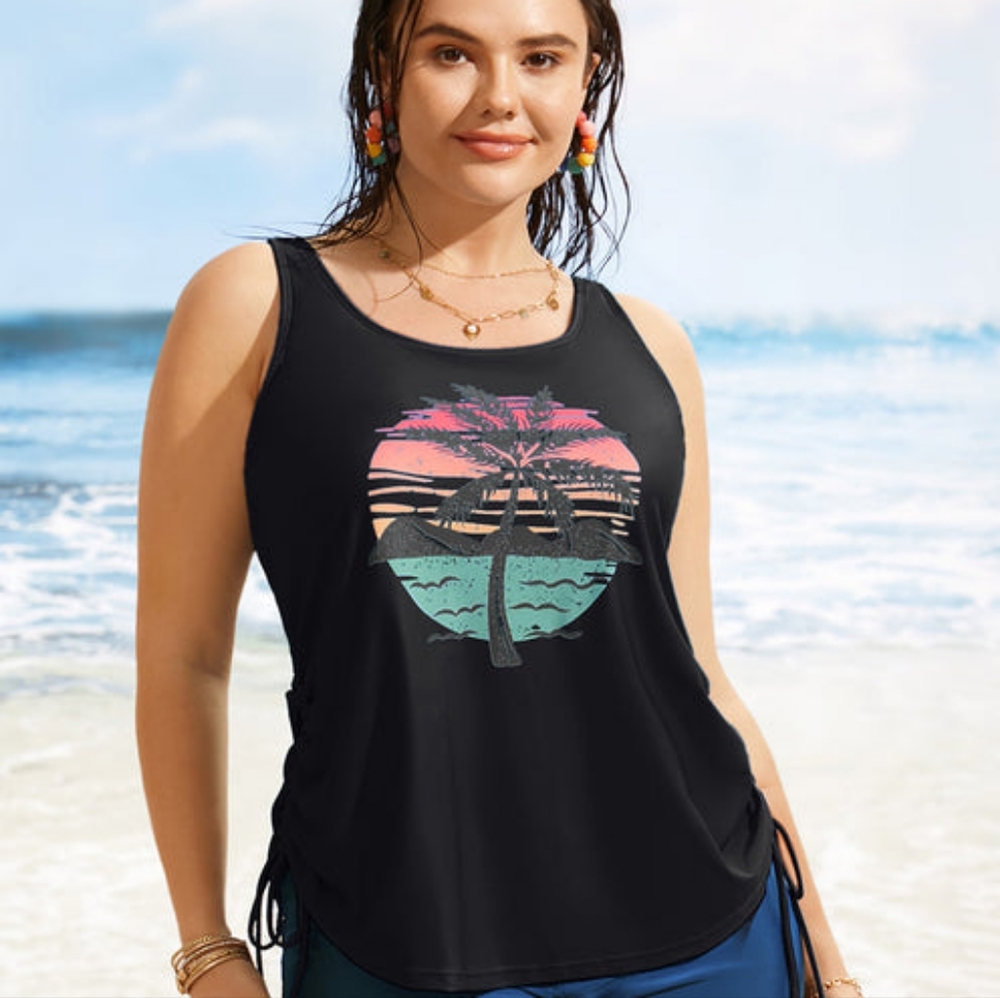 BloomChic Black Tropical Print Swim Top